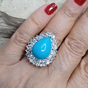 Turquoise and CZ Rhodium plated statement Ring
